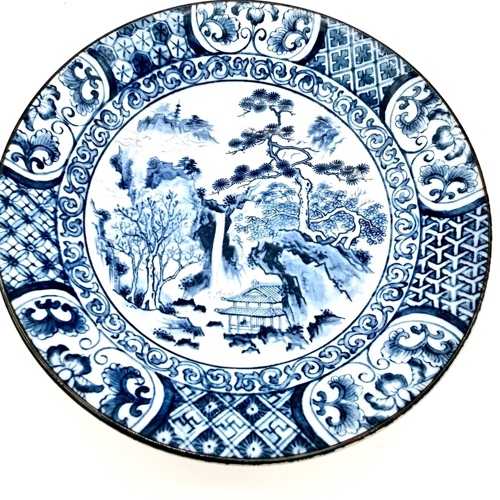 Vintage Japanese Blue White Porcelain Landscape Bowl‎ Pagoda Pine Decor 6.25"